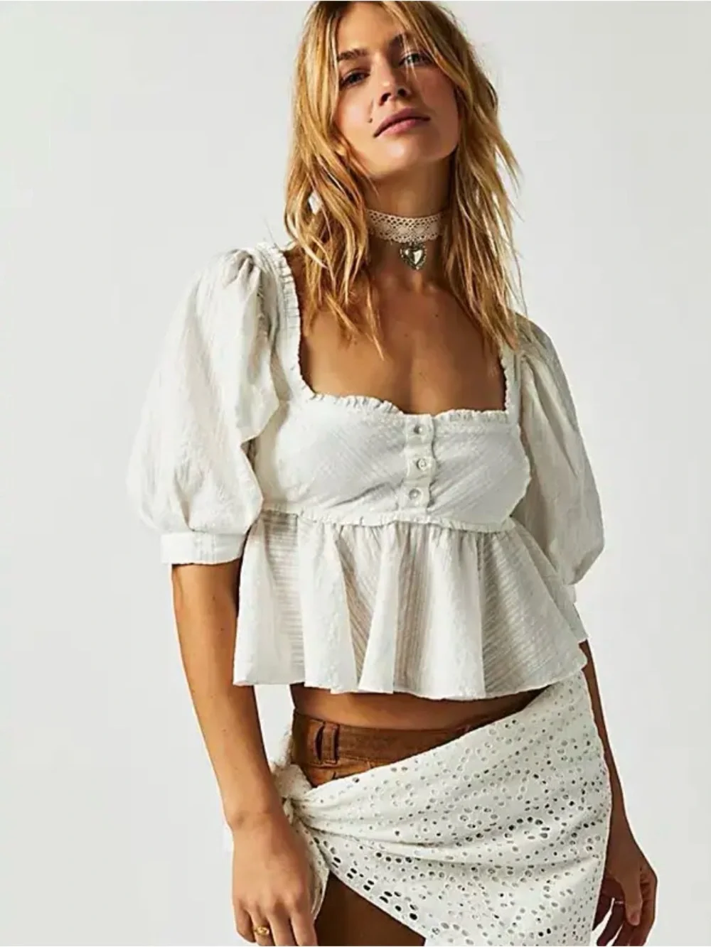 Free People Leave It To Me Top Babydoll Puff Sleeves  Small 100% Cotton